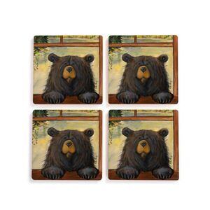 Black Bear Coaster "Peak A Boo" by Jeff Fleming Bearfoots Barware Set of 4